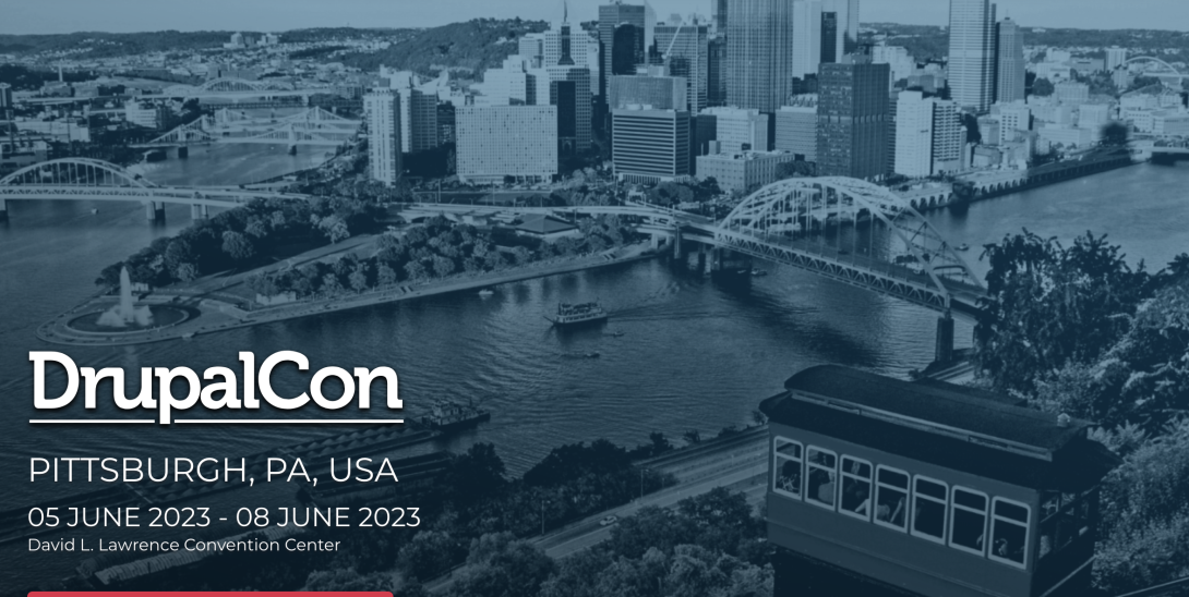 Greyscale image of the Pittsburgh skyline overlay with text DrupalCon 2023 Pittsburgh, PA